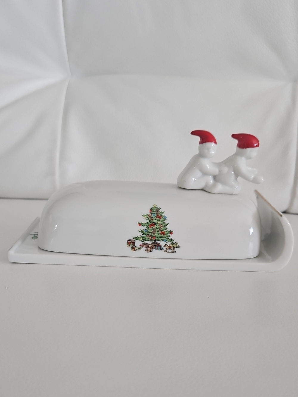 "Home For The Holidays" White Ceramic Holiday Butter Dish with Red-Top Figurines